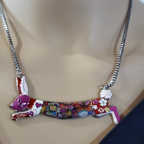 Enamel & Silver Running Rabbit - Bunny - Choker Necklace - Hand Painted - Picture 4 of 9